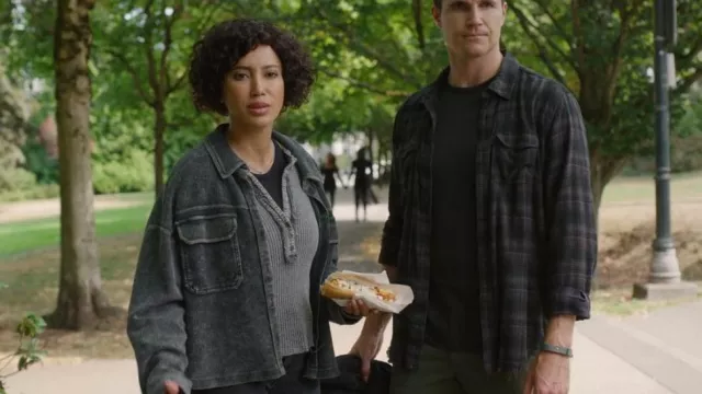 Pilcro Shrunken Shacket worn by Nora Antony (Andy Allo) as seen in Upload (S03E01)