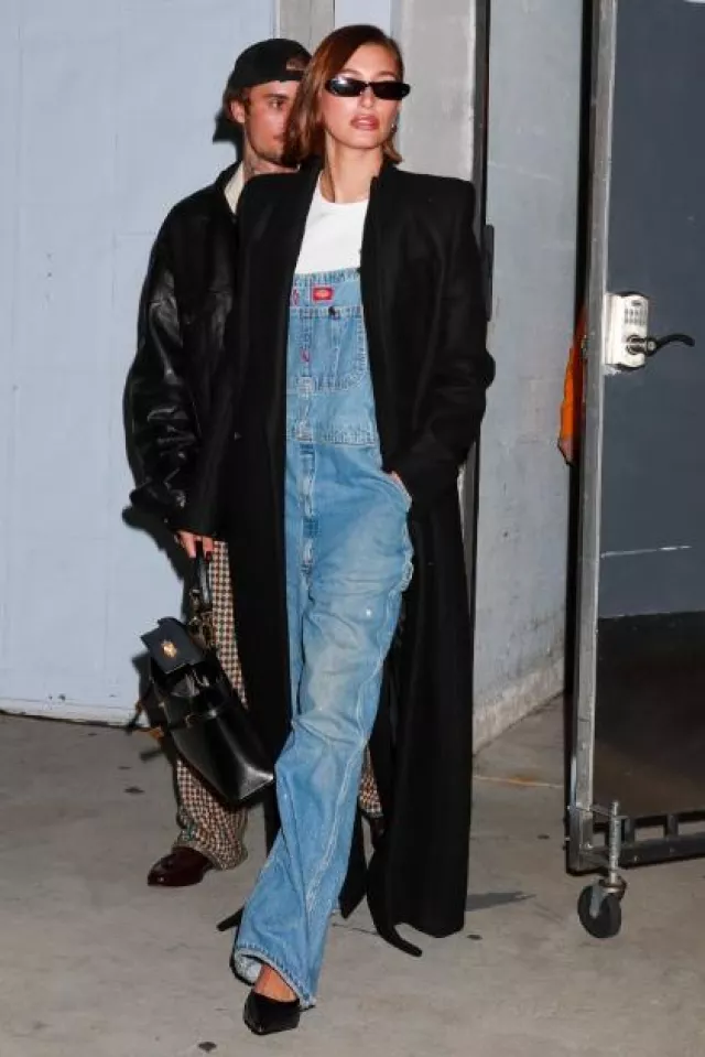 Dickies Stonewash Bib Overall worn by  Hailey Bieber at Churchome on October 25, 2023