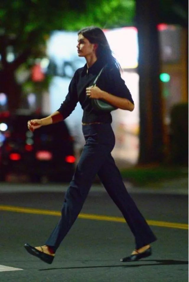 Celine Ava Bag in Forest worn by Kaia Jordan Gerber in Los Angeles on October 26, 2023