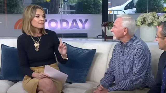 Veronica Beard Barrie Corduroy Midi Skirt In Khaki worn by Savannah Guthrie as seen in Today on  October 27, 2023