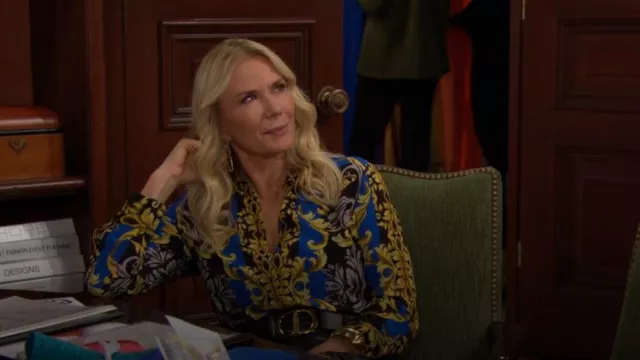 Alice + Olivia Willa Shirt in Regal Romance Sapphire worn by  Brooke Logan(Katherine Kelly Lang) as seen in The Bold and the Beautiful  on October 23, 2023