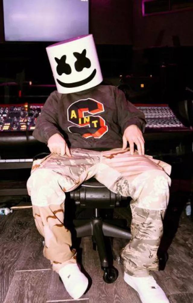 Marine Serre Beige Camo Patch­work Car­go Pants worn by Marshmello on the Instagram account @marshmellomusic