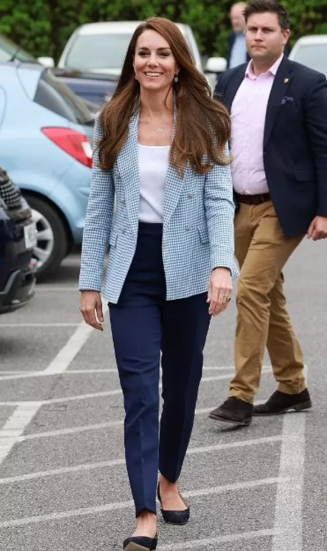 L.K.Bennett Frieda Crepe Cigarette Trousers In Midnight Navy worn by Kate Middleton at Winsdsor Family Hub on June 6, 2023