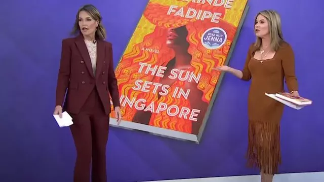 Veronica Beard Azariah Pintuck Flare Pants In Burnt Sienna worn by Savannah Guthrie as seen in Today on October 30, 2023