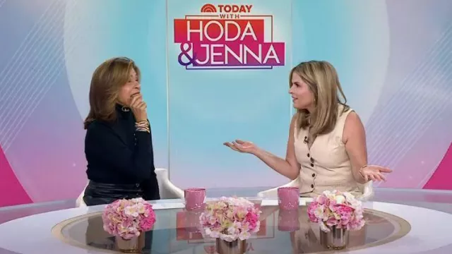 Mango Pinstripe Crop Vest in Light Beige worn by Jenna Bush Hager as seen in Today with Hoda & Jenna on November 2, 2023