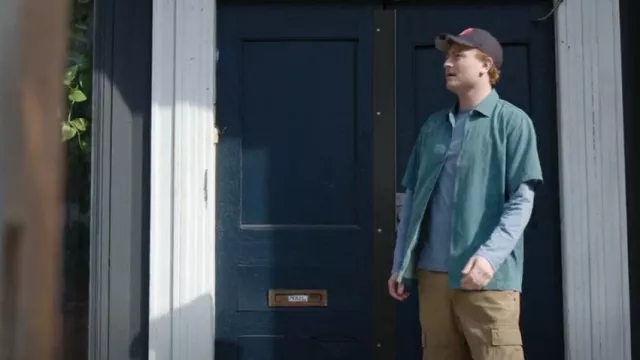 Tommy Bahama Bali Border Hawaiian Silk Camp Shirt Green worn by A.I. Guy (Owen Daniels) as seen in Upload (S03E05)