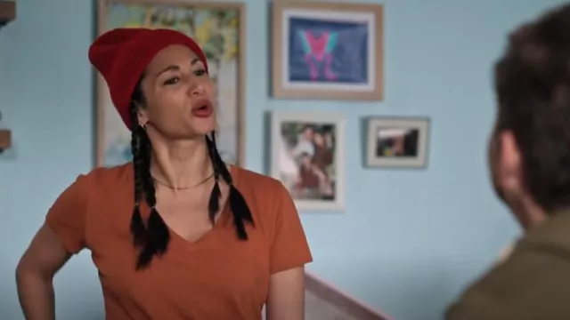 James Perse V-Neck Tee in Rust worn by Astrid (Meaghan Rath) as seen in Children Ruin Everything (S03E07)