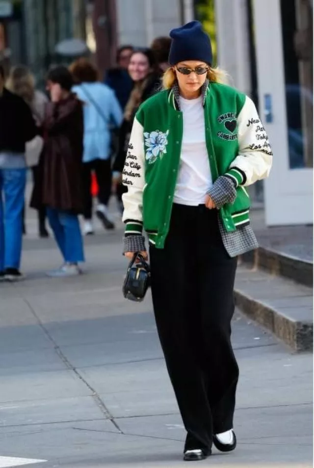 Awake Ny Carhartt Wip Teddy Jacket Dark Green worn by Gigi Hadid in New York City on November 5, 2023