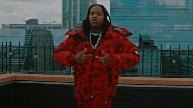 Bape Red Color Camo Down Jacket worn by Lil Durk in Lil Durk - Smurk Carter (Official Video)