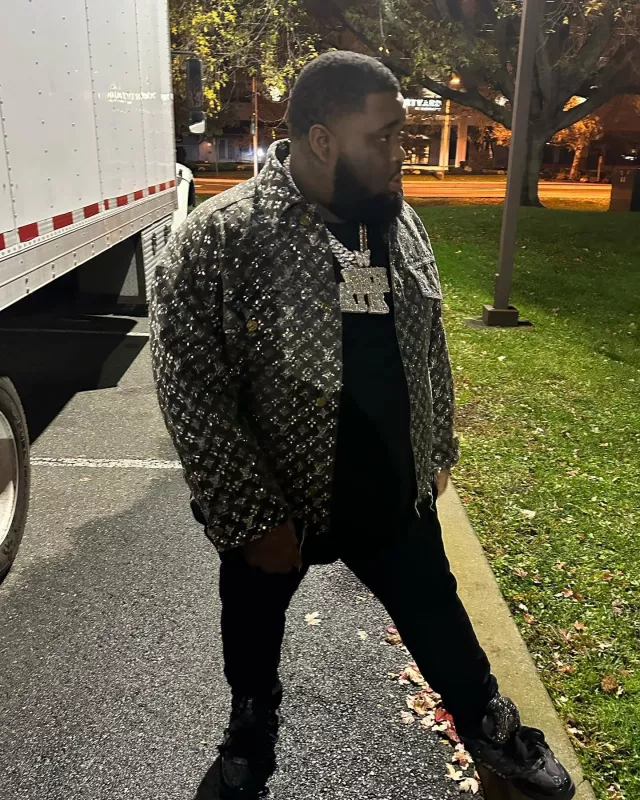 Louis Vuitton Grey Crystal Monogram Denim Jacket worn by Rod Wave on the Instagram account @rodwave
