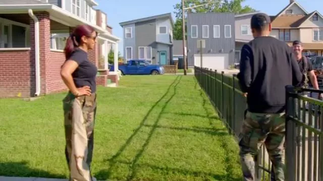 Coal n Terry Camo Wide Leg Car­go Pant worn by Kyra Epps as seen in Buying Back the Block (S01E01)