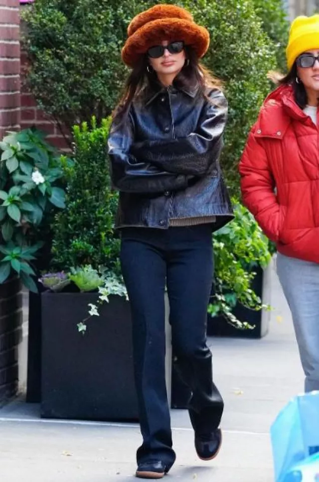 Mango Leather Jacket With Worn Effect worn by Emily Ratajkowski in New York City on November 13, 2023