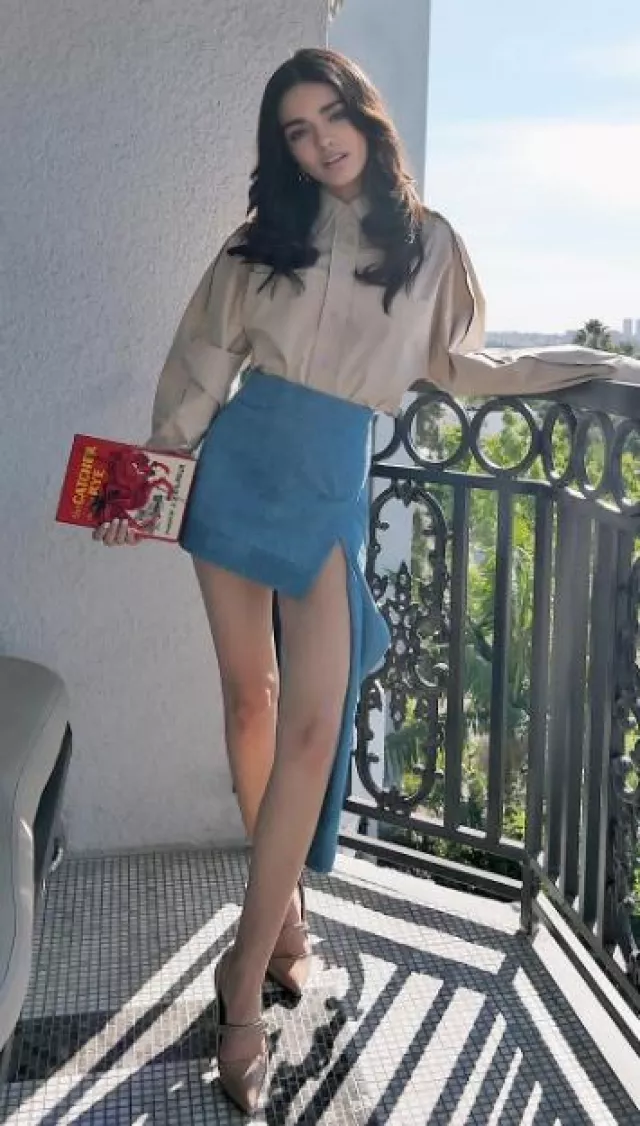 Yuzefi Assymetric Mini Skirt (Blue) worn by Rachel Zegler at The Hunger Games: the Ballad of Songbirds & Snakes Press on November 14, 2023