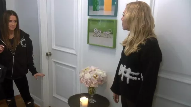Off-white Lo­go In­tar­sia Crew­neck Sweater worn by Erika Girardi as seen in The Real Housewives of Beverly Hills (S13E04)