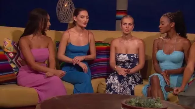 Petal + Pup Gemma Robe longue bustier en bleu fleuri portée par Jessica Girod comme on le voit dans Bachelor in Paradise (S09E08)