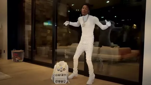 Guapi White Allover Embellished Stacked Jeans worn by YoungBoy Never Broke Again in My Address Public (Official Music Video)