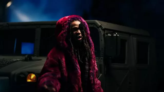 Givenchy Red & Blue Faux Fur Hooded Bomber Jacket worn by Quavo in Honey Bun (Official Video)