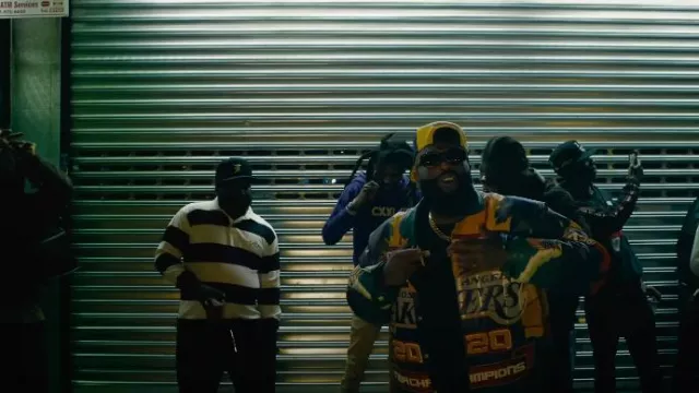 Jeff Hamilton Los Angeles Lakers 2020 Champions Leather Jacket worn by Rick Ross in Lyrical Eazy with Meek Mill (Official Music Video)