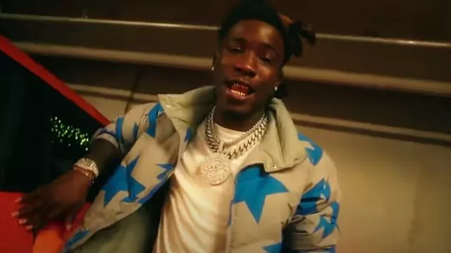 Bape Grey & Blue Stars Puffer Jacket worn by Hotboii in NASA feat. ATL Jacob [Official Video]