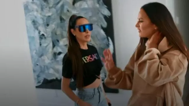 Versace Rainbow Logo Safety Pin Crop T-Shirt worn by Angie Katsanevas as seen in The Real Housewives of Salt Lake City (S04E10)
