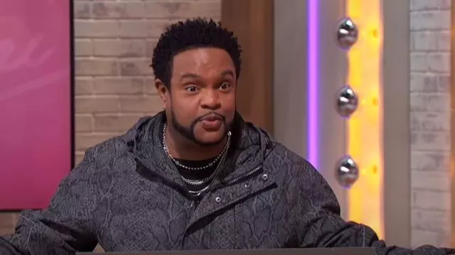 Forever 21 Snake Print Hooded Bomber Jacket worn by Jawn Murray as seen in Sherri on November 17, 2023