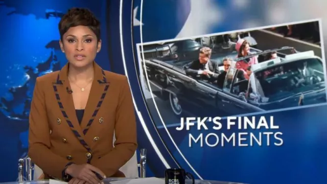 Veronica Beard Miller Striped-Trim Dickey Jacket in Dark Ochre worn by Jericka Duncan as seen in CBS Evening News on November 23, 2023