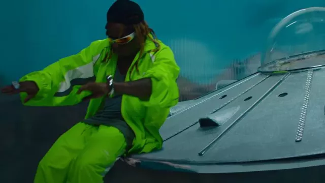 Balenciaga Pantalon de survêtement 3B Sports Icon jaune fluo et gris porté par Lil Wayne en transparence par 2 Chainz, Lil Wayne, USHER