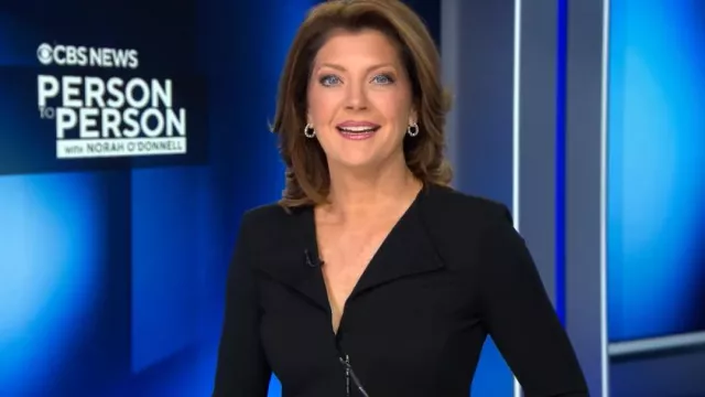 Giorgio Armani Asymmetric Zip Sheath Dress worn by Norah O'Donnell as seen in CBS Evening News on November 24, 2023