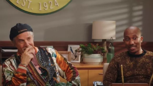 Amiri Scarf Patch­work Bomber worn by Rick (Don Johnson) as seen in Kenan (S02E02)