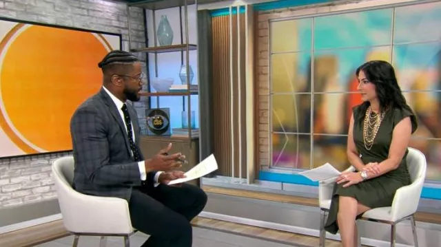 Vestido Veronica Beard Merrith usado por Celine Gounder como se ve en CBS Mornings el 22 de noviembre de 2023