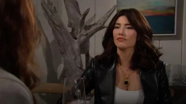 Alice + Olivia Denny Faux Leather Blazer worn by Steffy Forrester (Jacqueline MacInnes Wood) as seen in The Bold and the Beautiful on November 10, 2023