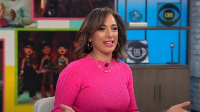 Adam Lippes Collective Pink Ribbed Sweater worn by Michelle Miller as seen in CBS Mornings on  November 26, 2023