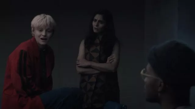 Masai Copenhagen Long Geometric Vest worn by Ziba (Pegah Ferydoni) as seen in A Murder at the End of the World (S01E04)