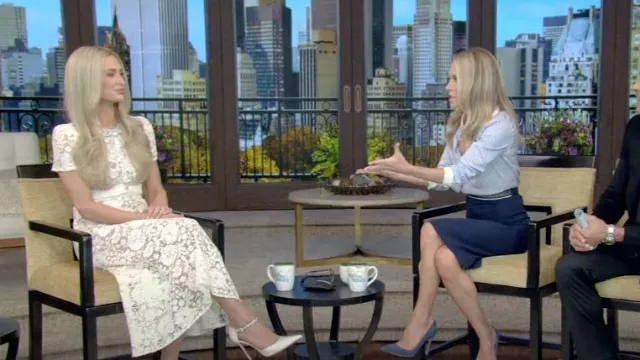 Self-Portrait Corded Lace & Diamante Midi-Dress worn by Paris Hilton as seen in LIVE with Kelly and Mark on November 28, 2023
