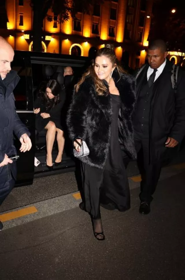 Mango Lapels Faux Fur Coat worn by Selena Gomez in Paris on November 26, 2023