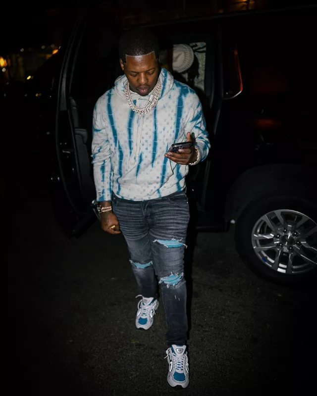 Amiri Storm Grey & Blue Suede MX1 Jeans worn by Lil Zay Osama on the Instagram account @lilzayosama