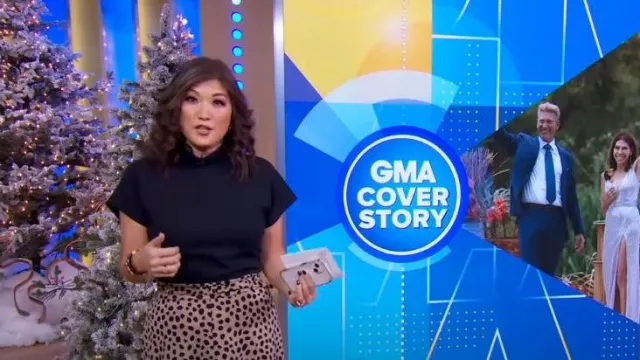 Ann Taylor Animal Print Belted Midi Skirt worn by Juju Chang as seen in Good Morning America on December 1, 2023