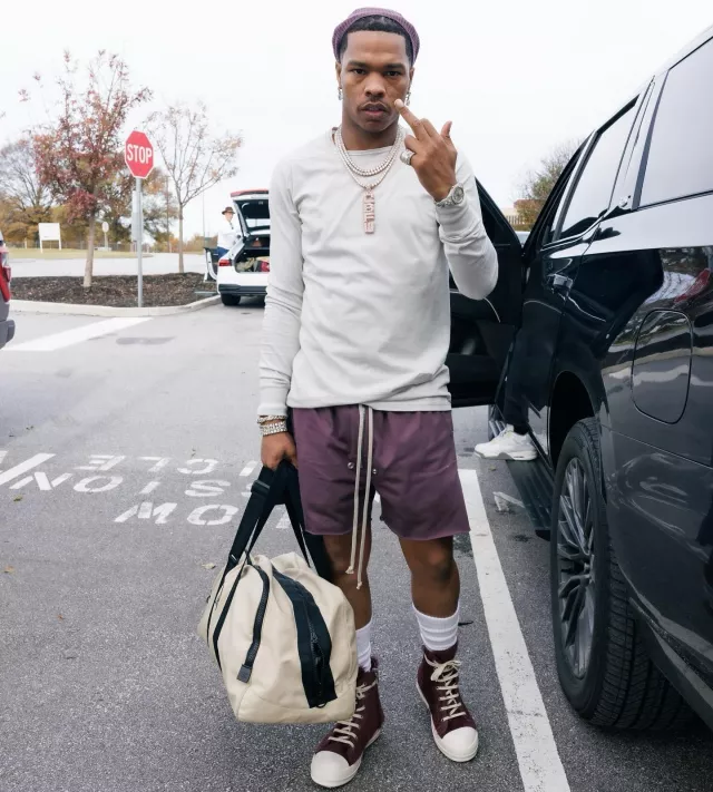 Rick Owens Purple 'Bela' Track Shorts worn by Lil Baby on the Instagram account @lilbaby