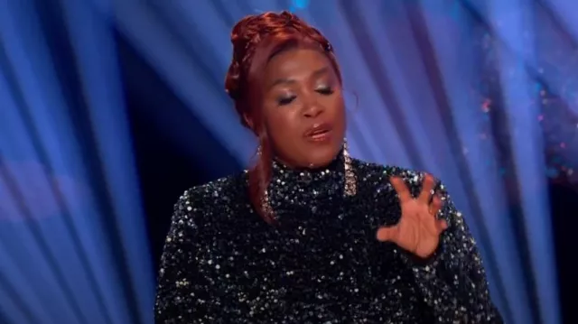 Solace London The Azra Maxi Dress in Se­quin worn by Motsi Mabuse as seen in Strictly Come Dancing: It Takes Two (S21E11 )