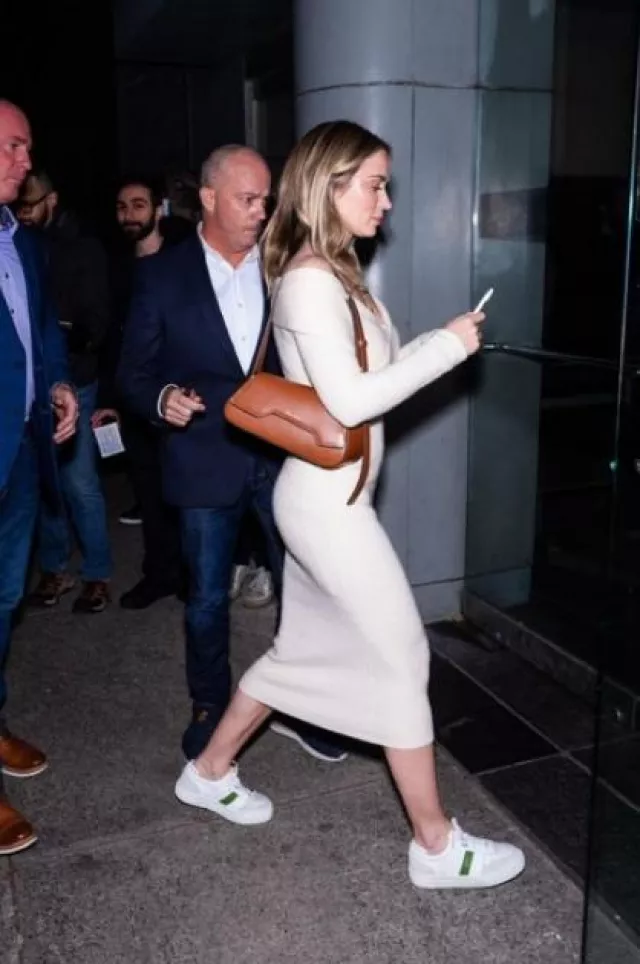 Santoni The Pluto Leather Shoulder Bag worn by Emily Blunt at Oppenheimer’s Q&a in New York on December 5, 2023