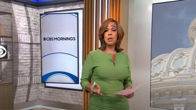 Nora Gardner Daphne 3/4 Sleeve Dress in Vineyard Green worn by Gayle King as seen in CBS Mornings on December 5, 2023