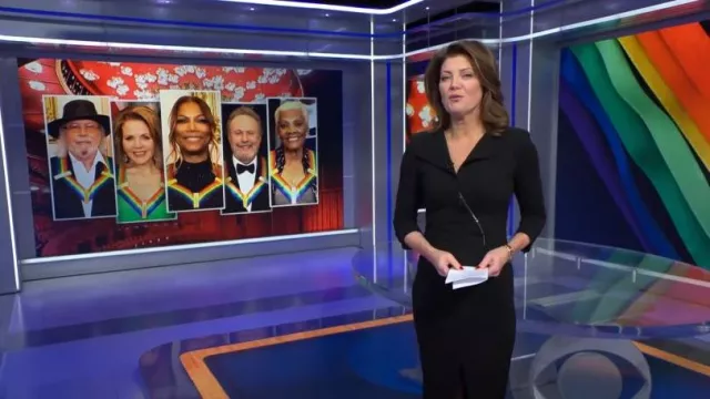 Giorgio Armani Asymmetric Zip Sheath Dress worn by Norah O'Donnell as seen in CBS Evening News on December 4, 2023