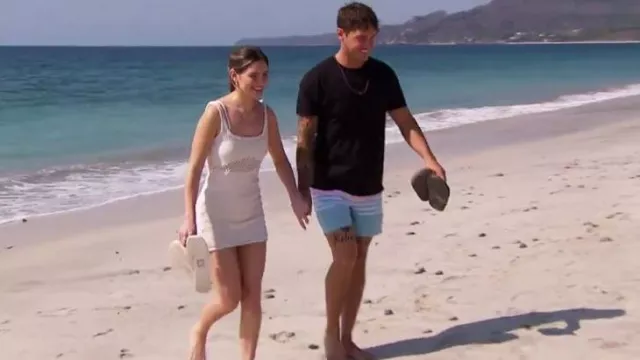 Zara Perforated Knit Dress in Ecru worn by Katherine Izzo as seen in Bachelor in Paradise (S09E10)