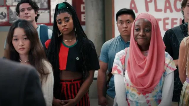 Cross Colours Color Block Tee worn by Aisha Garcia (Alycia Pascual-Pena) as seen in Saved by the Bell (S02E03)