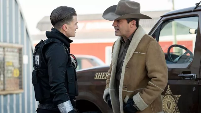 Suede Shearling coat worn by Roy Tillman (Jon Hamm) as seen in Fargo (S05E04)