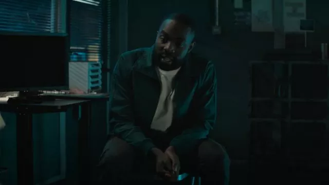 Needles Lo­go-Em­broi­dered Zip-Up Bomber Jacket worn by George (Paapa Essiedu) as seen in The Lazarus Project (S02E02)