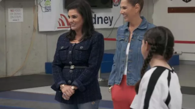Chanel 12A Navy & Teal Jeweled Button Boucle Jacket worn by Nicole O’Neill as seen in The Real Housewives of Sydney (S02E10)