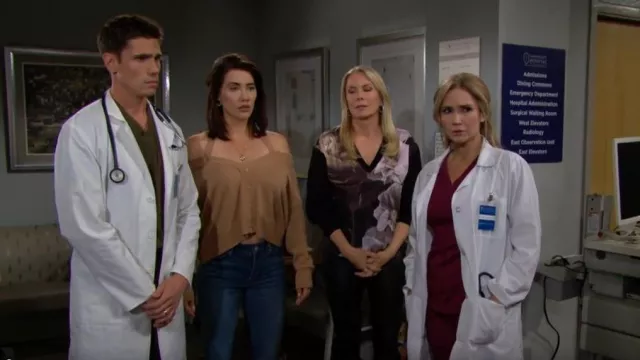 Michael Kors Collection Off-shoulder Cashmere Cardigan worn by  Steffy Forrester (Jacqueline MacInnes Wood) as seen in The Bold and the Beautiful on December 18, 2023