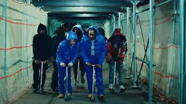 Moncler Bright Blue 'Maya' Jacket worn by Lil Mabu in TEACH ME HOW TO DRILL with Fivio Foreign (Official Music Video)