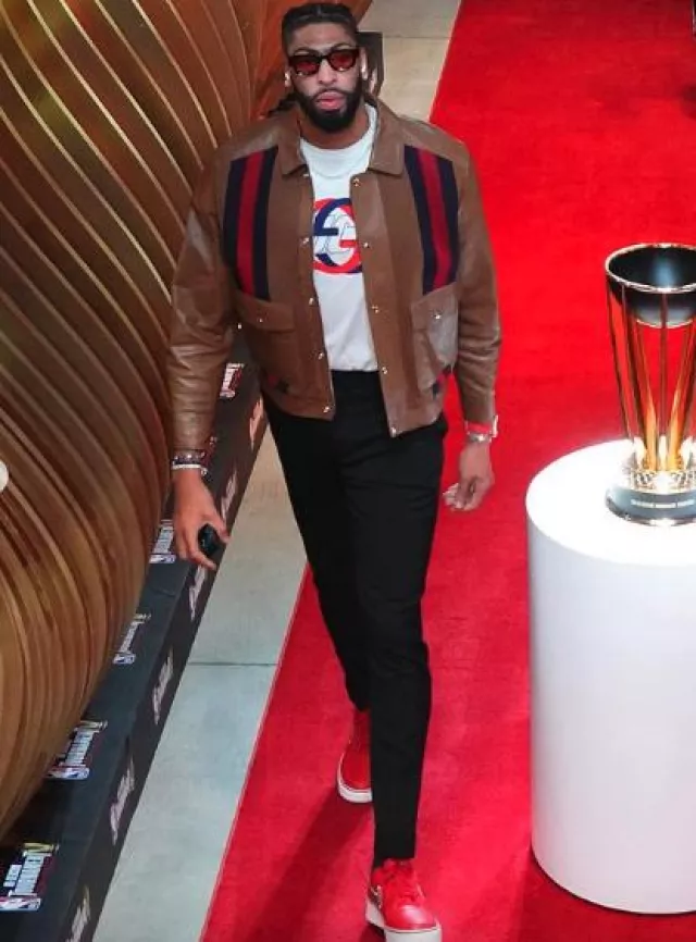 Gucci Brown Leather & Navy Web Stripe Jacket worn by Anthony Davis on the Instagram account @anthonydavislaker